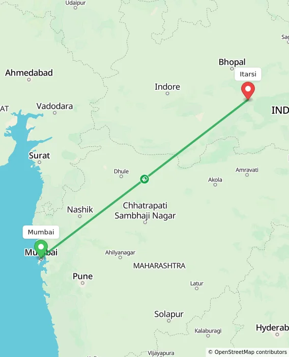 Route map showing distance and travel time from Mumbai, India to Itarsi, India