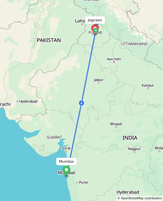 Route map showing distance and travel time from Mumbai, India to Jagraon, India