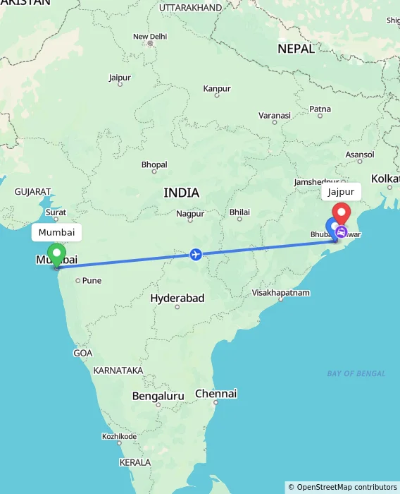 Route map showing distance and travel time from Mumbai, India to Jajpur, India