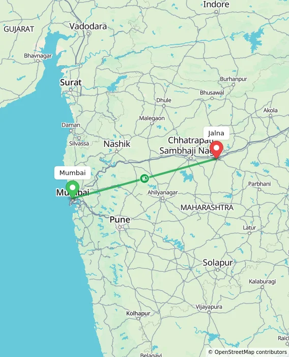 Route map showing distance and travel time from Mumbai, India to Jalna, India