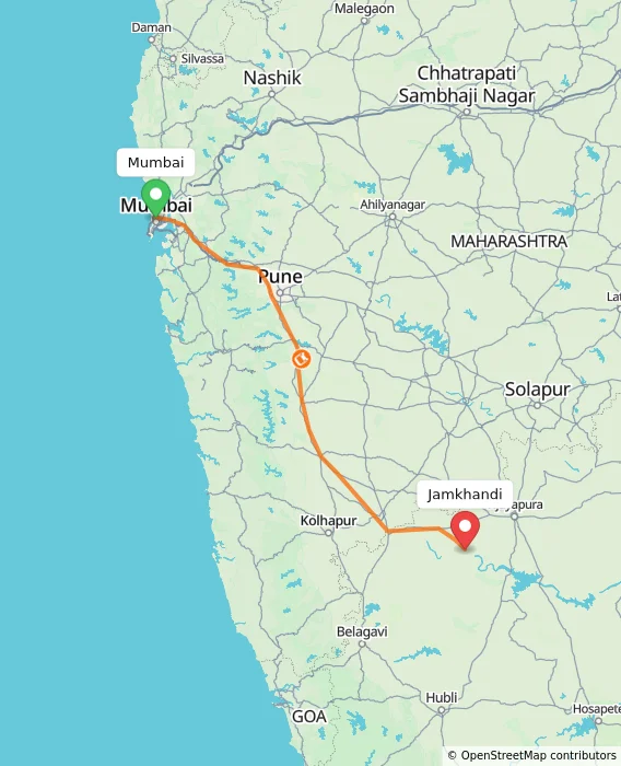 Route map showing distance and travel time from Mumbai, India to Jamkhandi, India