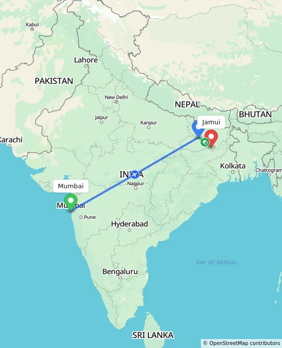 Route map showing distance and travel time from Mumbai, India to Jamui, India