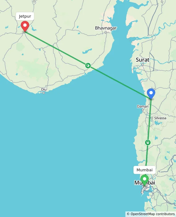Route map showing distance and travel time from Mumbai, India to Jetpur, India