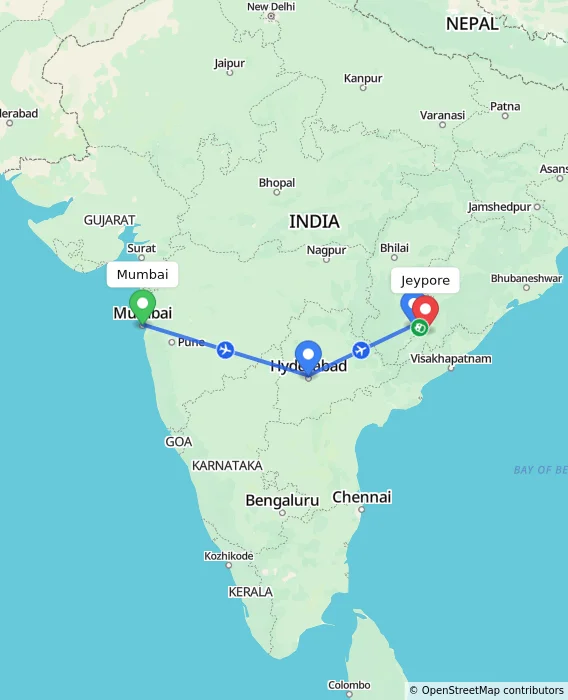 Route map showing distance and travel time from Mumbai, India to Jeypore, India