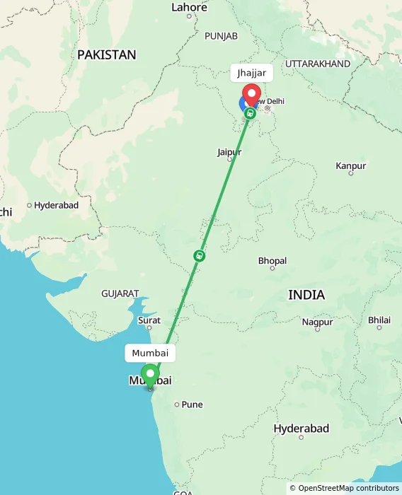 Route map showing distance and travel time from Mumbai, India to Jhajjar, India