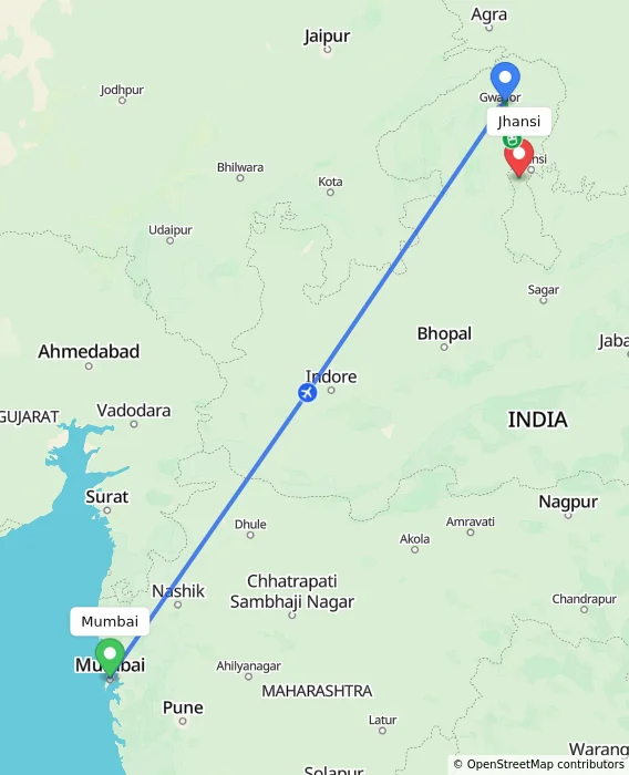 Route map showing distance and travel time from Mumbai, India to Jhansi, India