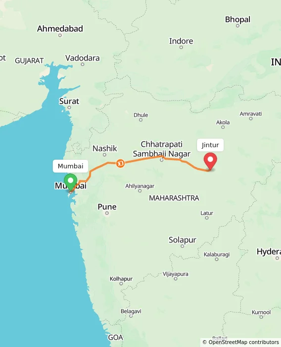 Route map showing distance and travel time from Mumbai, India to Jintur, India