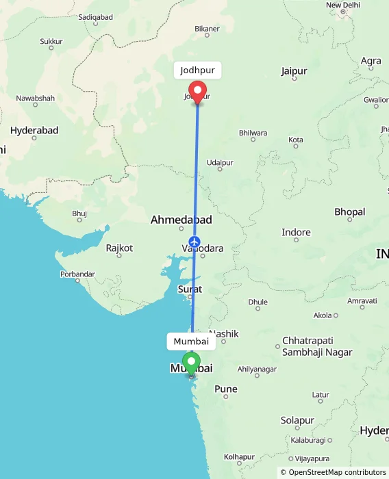 Route map showing distance and travel time from Mumbai, India to Jodhpur, India