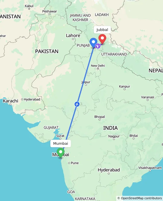 Route map showing distance and travel time from Mumbai, India to Jubbal, India