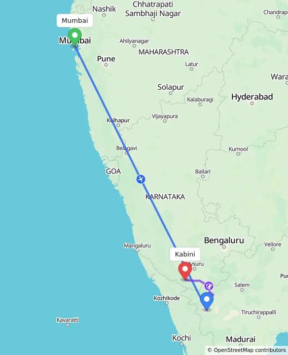 Route map showing distance and travel time from Mumbai, India to Kabini, India