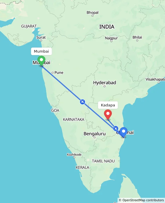 Route map showing distance and travel time from Mumbai, India to Kadapa, India