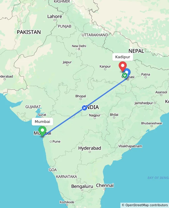 Route map showing distance and travel time from Mumbai, India to Kadipur, India