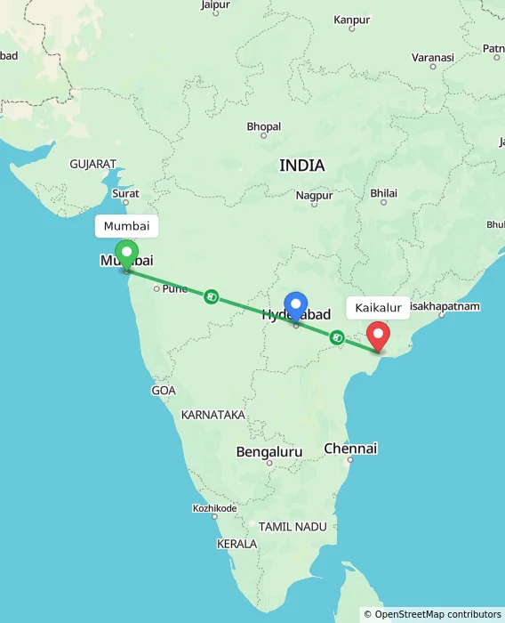 Route map showing distance and travel time from Mumbai, India to Kaikalur, India