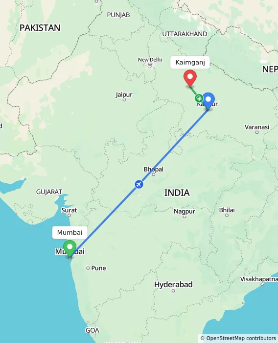 Route map showing distance and travel time from Mumbai, India to Kaimganj, India