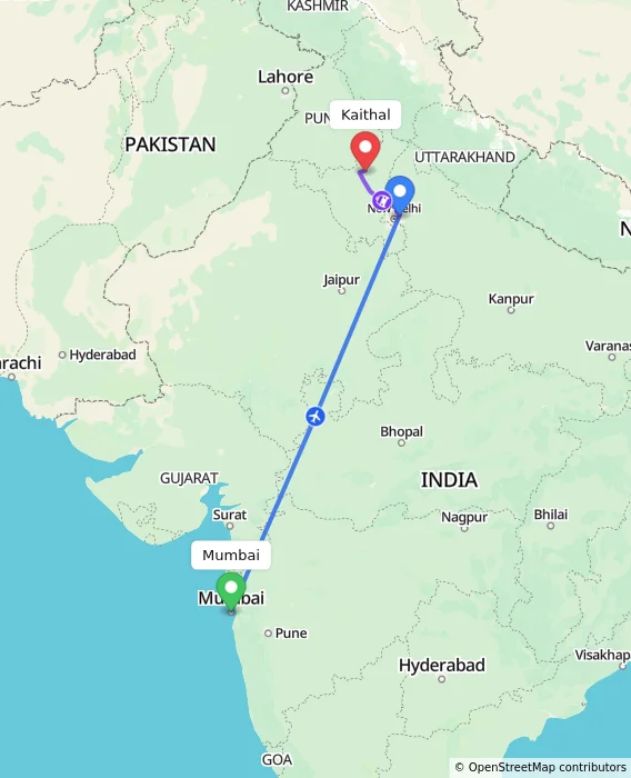 Route map showing distance and travel time from Mumbai, India to Kaithal, India