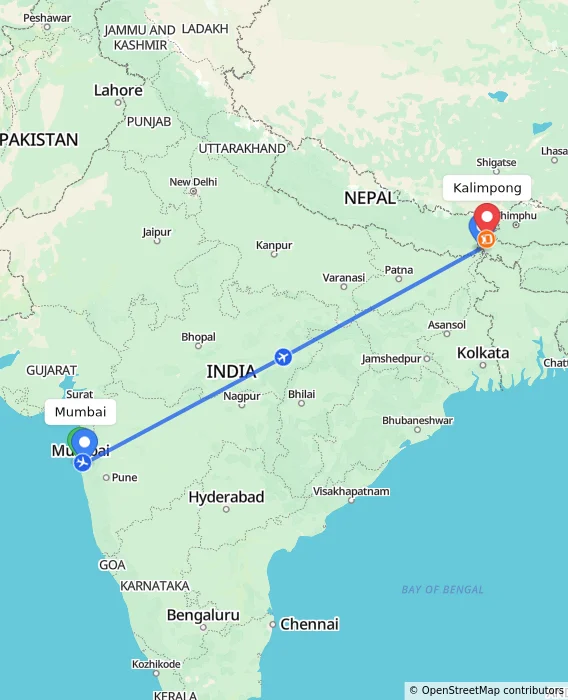 Route map showing distance and travel time from Mumbai, India to Kalimpong, India