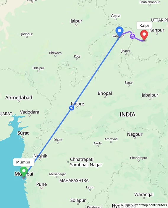 Route map showing distance and travel time from Mumbai, India to Kalpi, India