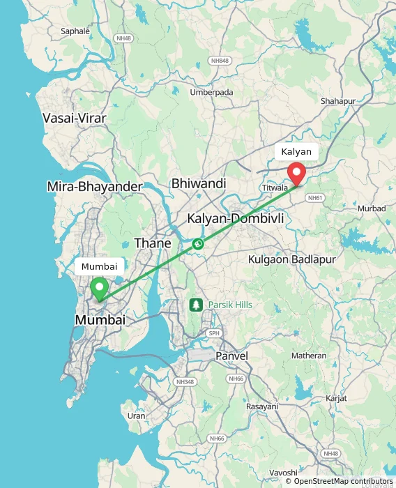 Route map showing distance and travel time from Mumbai, India to Kalyan, India