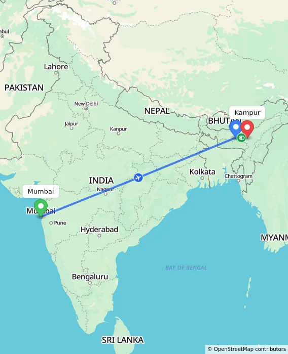 Route map showing distance and travel time from Mumbai, India to Kampur, India