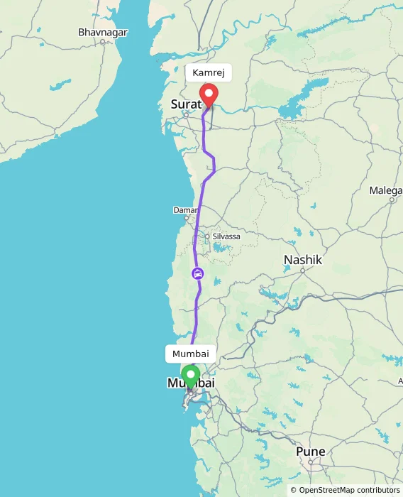 Route map showing distance and travel time from Mumbai, India to Kamrej, India