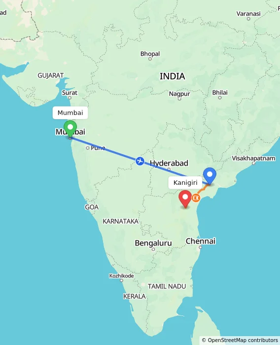 Route map showing distance and travel time from Mumbai, India to Kanigiri, India