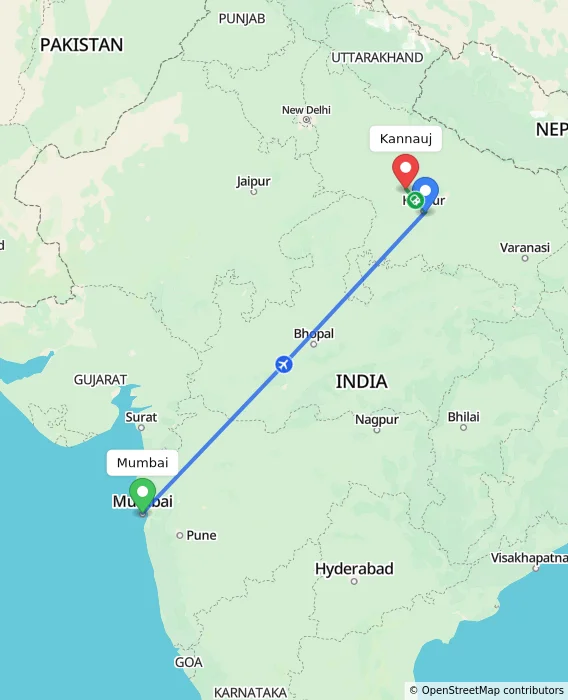 Route map showing distance and travel time from Mumbai, India to Kannauj, India