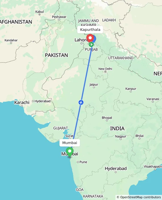 Route map showing distance and travel time from Mumbai, India to Kapurthala, India
