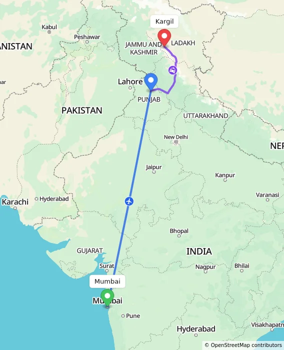 Route map showing distance and travel time from Mumbai, India to Kargil, India