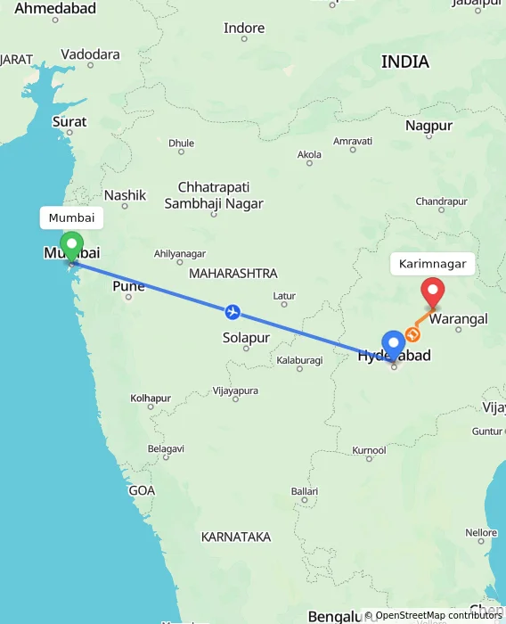 Route map showing distance and travel time from Mumbai, India to Karimnagar, India