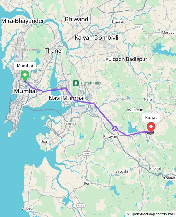 Route map showing distance and travel time from Mumbai, India to Karjat, India