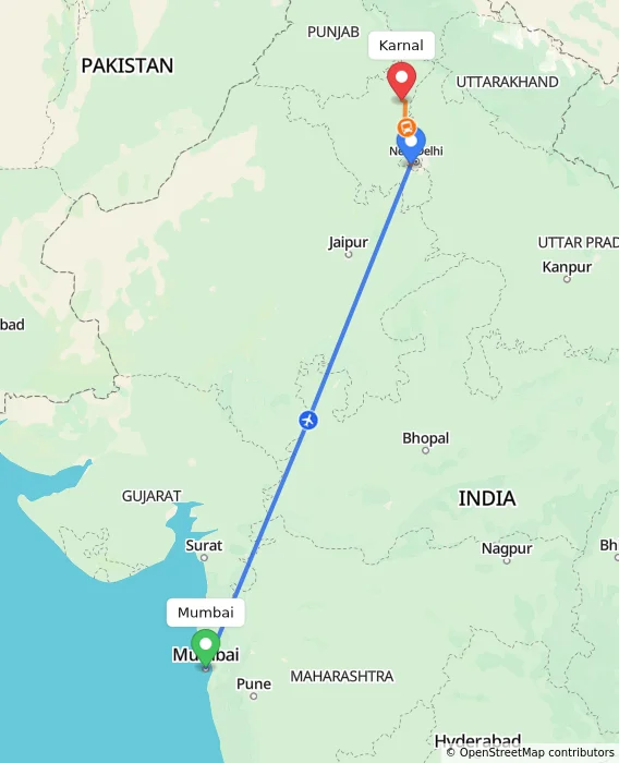 Route map showing distance and travel time from Mumbai, India to Karnal, India