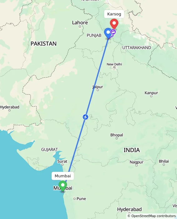 Route map showing distance and travel time from Mumbai, India to Karsog, India