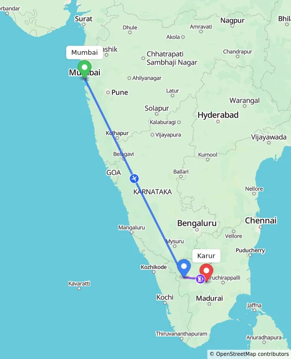 Route map showing distance and travel time from Mumbai, India to Karur, India