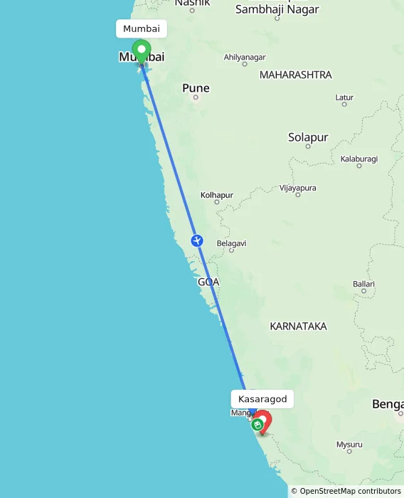 Route map showing distance and travel time from Mumbai, India to Kasaragod, India