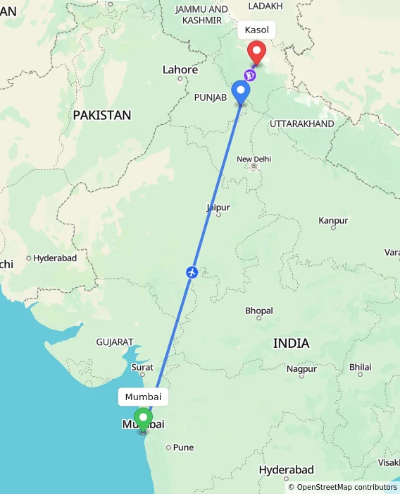 Route map showing distance and travel time from Mumbai, India to Kasol, India