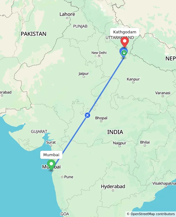 Route map showing distance and travel time from Mumbai, India to Kathgodam, India