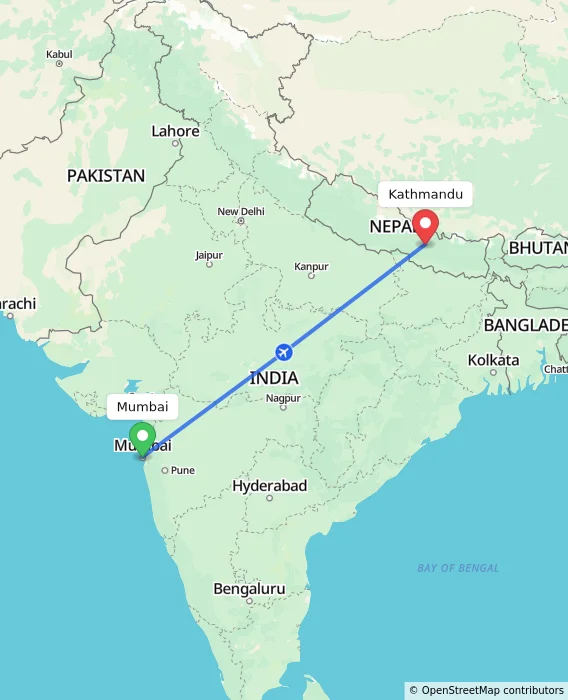 Route map showing distance and travel time from Mumbai, India to Kathmandu, Nepal
