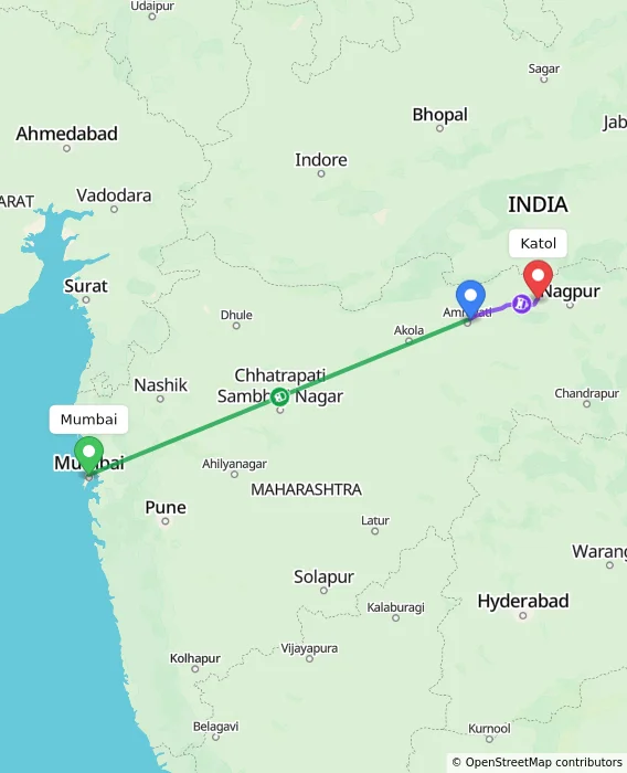 Route map showing distance and travel time from Mumbai, India to Katol, India