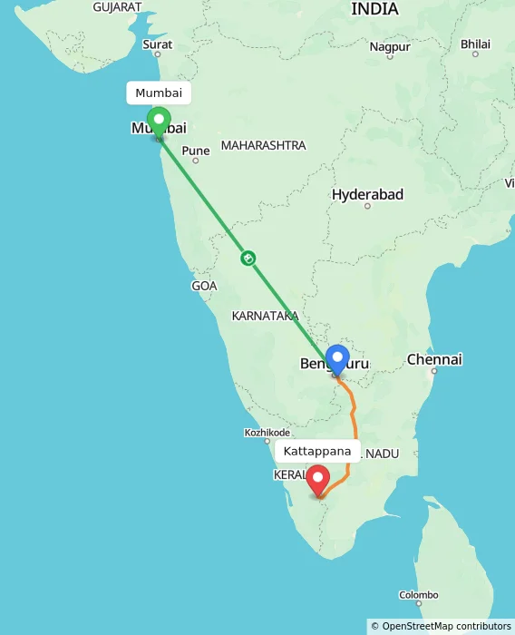 Route map showing distance and travel time from Mumbai, India to Kattappana, India