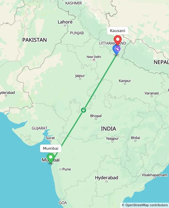 Route map showing distance and travel time from Mumbai, India to Kausani, India
