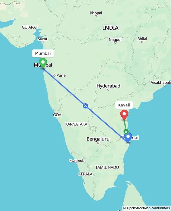 Route map showing distance and travel time from Mumbai, India to Kavali, India