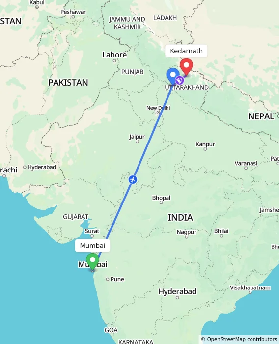 Route map showing distance and travel time from Mumbai, India to Kedarnath, India
