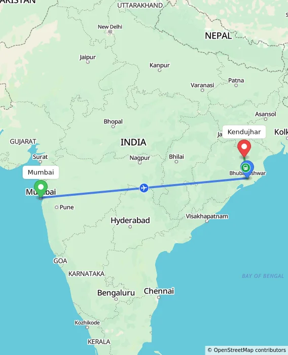 Route map showing distance and travel time from Mumbai, India to Kendujhar, India