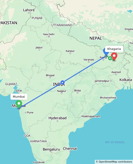 Route map showing distance and travel time from Mumbai, India to Khagaria, India