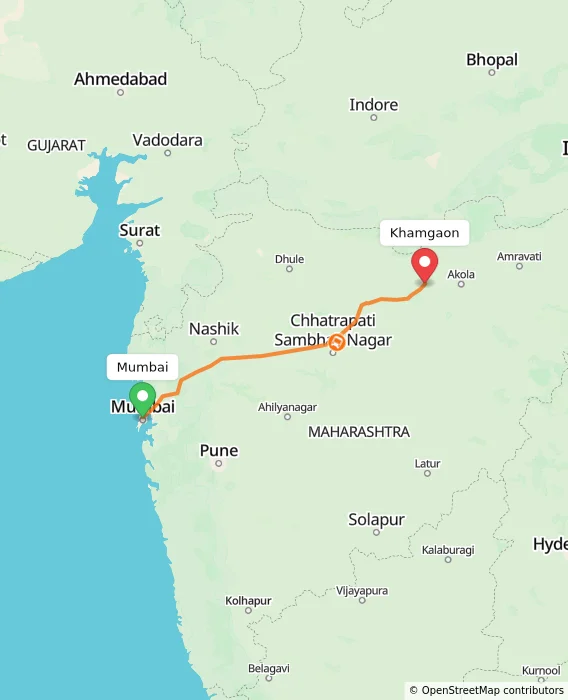 Route map showing distance and travel time from Mumbai, India to Khamgaon, India