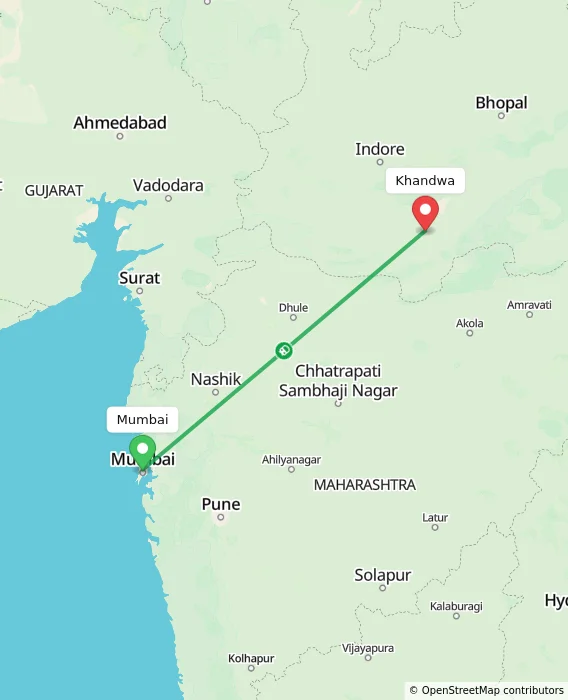 Route map showing distance and travel time from Mumbai, India to Khandwa, India