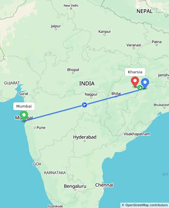 Route map showing distance and travel time from Mumbai, India to Kharsia, India