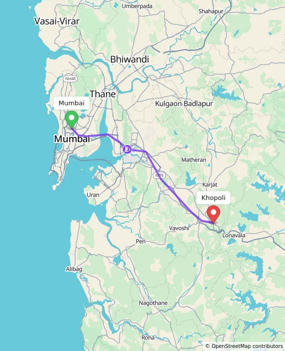 Route map showing distance and travel time from Mumbai, India to Khopoli, India