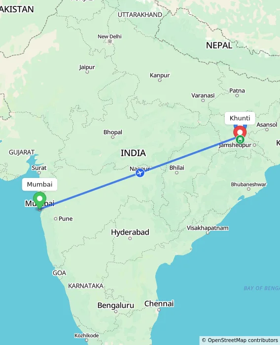 Route map showing distance and travel time from Mumbai, India to Khunti, India