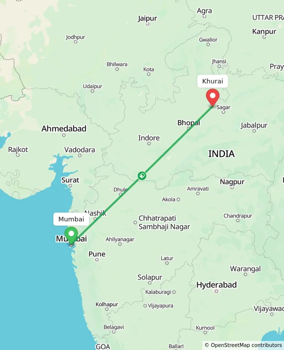 Route map showing distance and travel time from Mumbai, India to Khurai, India